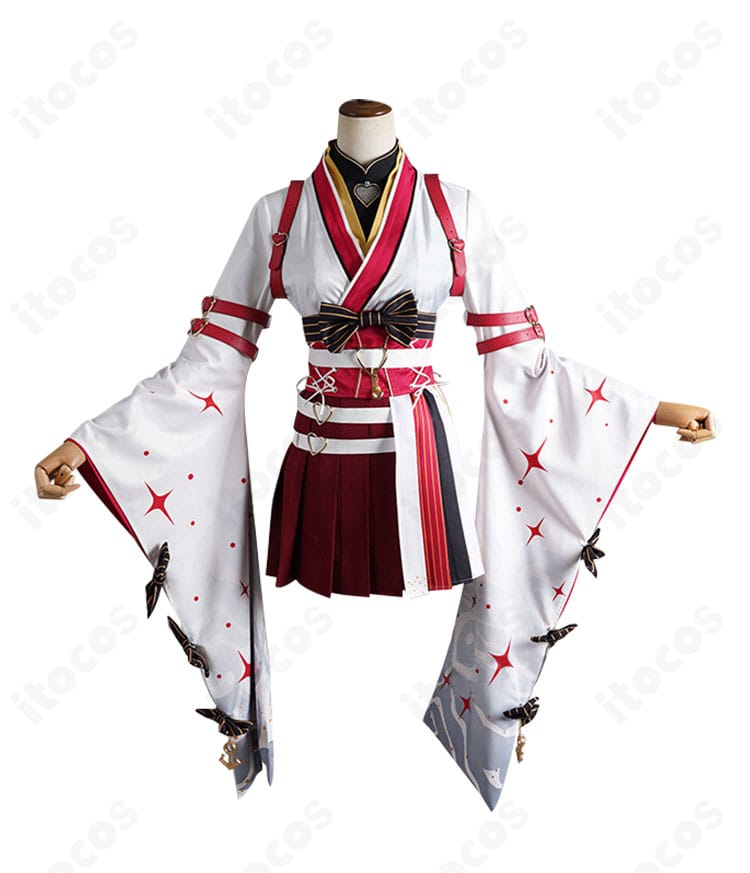 宝鐘マリン新衣装コスプレの正面ディテール。襟元や胸元の装飾、生地の発色・質感を確認できるアップ写真