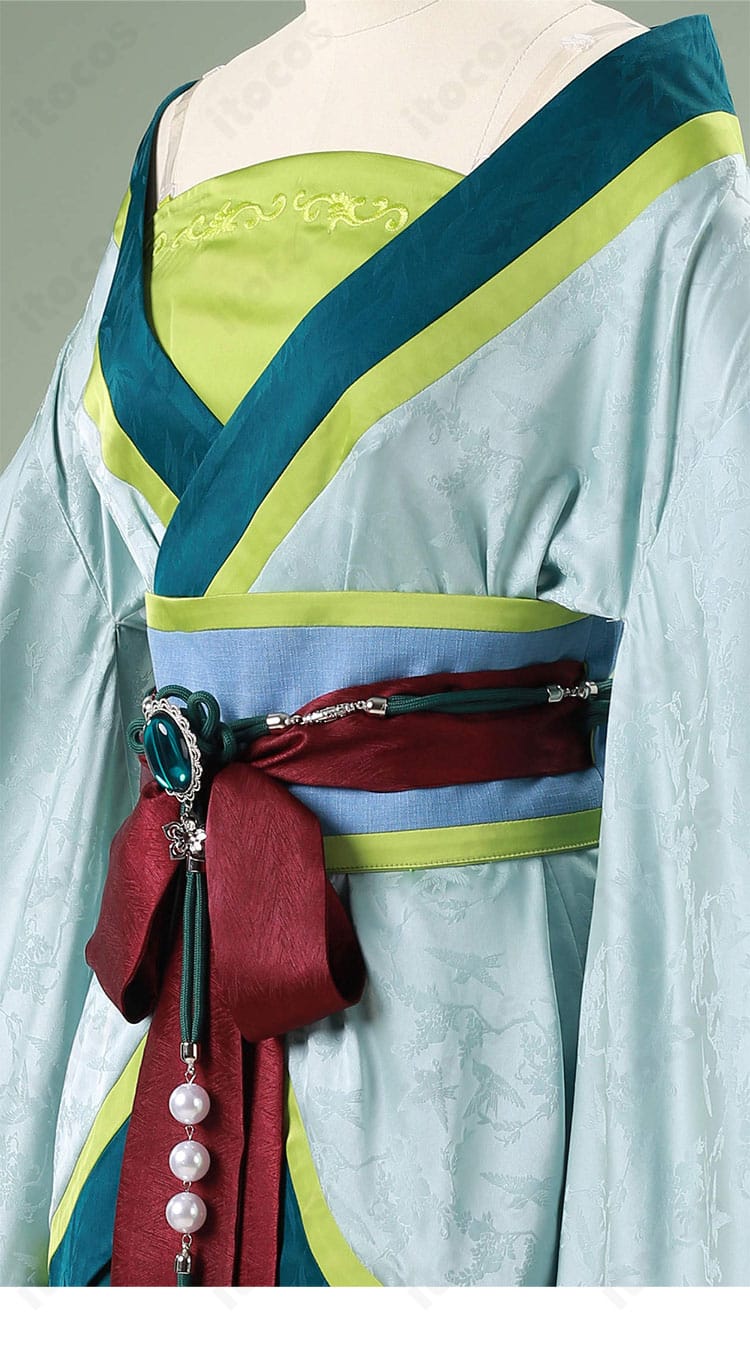 猫猫「西都での宴席」衣装 斜襟の装飾クローズアップ｜襟元の飾り縁と刺繍風意匠を忠実再現