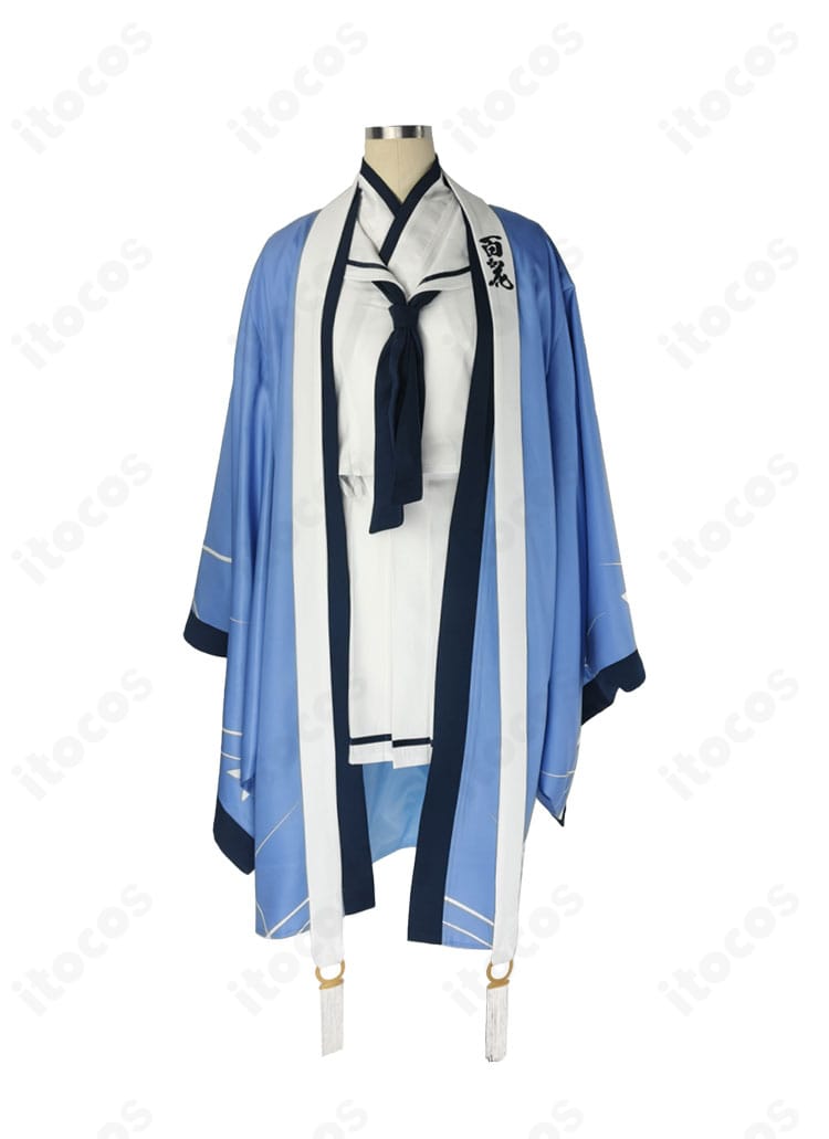 七稜アヤメ 衣装の正面細部。襟元からスカーフ、リボン、トップスの重なりまで高再現のディテールを強調