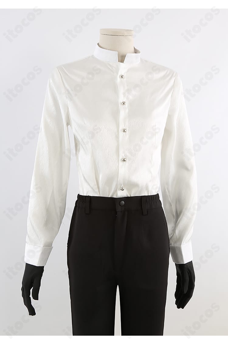 ツイステ トレイ・クローバー ナイトメアースーツ 内搭シャツ正面のディテール。清潔感ある仕立て