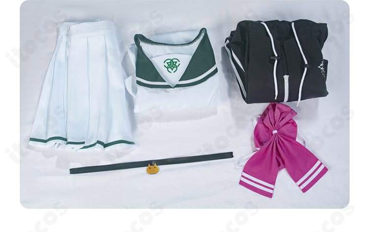杏山カズサ 制服コスプレのセット一式画像。パーカー・クロップトップ・スカート・スカーフ・チョーカーの内容が一目で分かる。