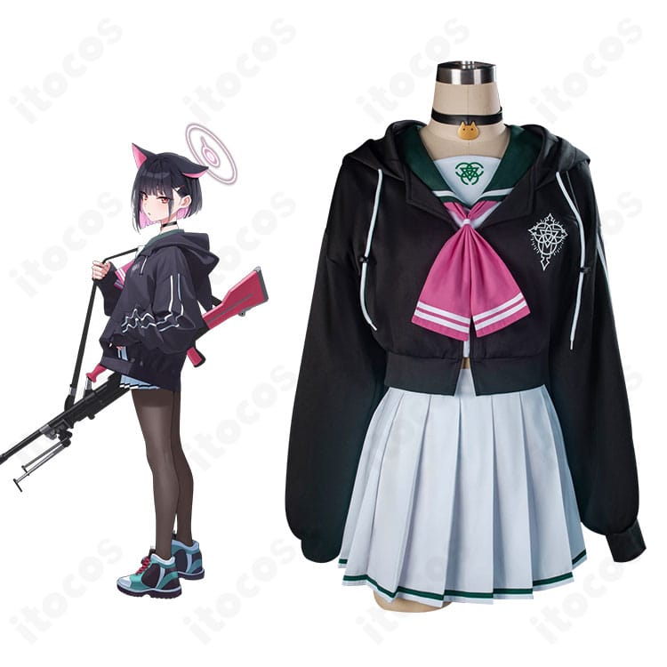 ブルーアーカイブ 杏山カズサの制服コスプレを着用したモデル。猫耳フード付きパーカーとクロップトップの再現が分かる全身イメージ。