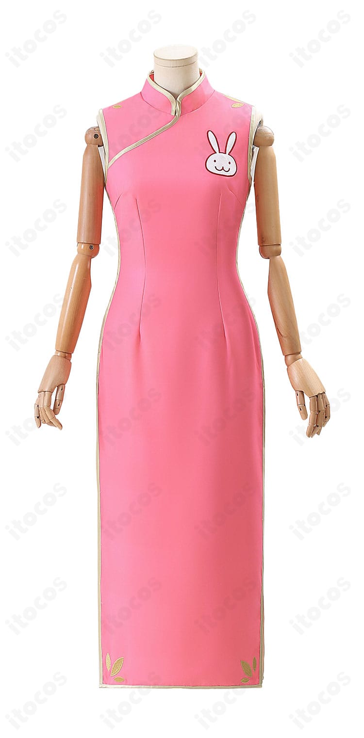 銀魂 神楽 ウサギ柄チャイナドレスの正面全体図。立ち襟とパイピング、刺繍入りで高再現を実現。