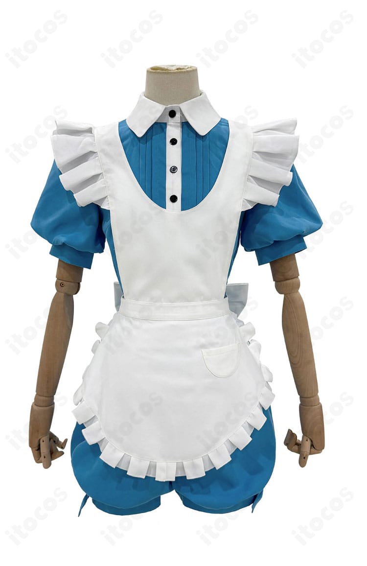 黒執事II シエル・イン・ワンダーランド コスプレ衣装の正面フルセット。トップス・ショートパンツ・エプロン・髪飾りまで確認可能