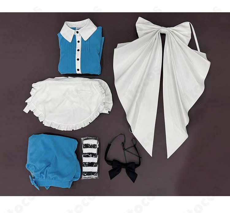 黒執事II シエル・イン・ワンダーランド衣装のセット内容一覧。トップス、ショートパンツ、エプロン、背部蝶結び、靴下、髪飾り