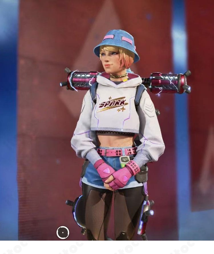 ワットソン スタティック・トレーナー風コスプレ衣装の正面全身。トップス・スカート・スカーフの3点セットで全体バランスと色味を確認できるカット。