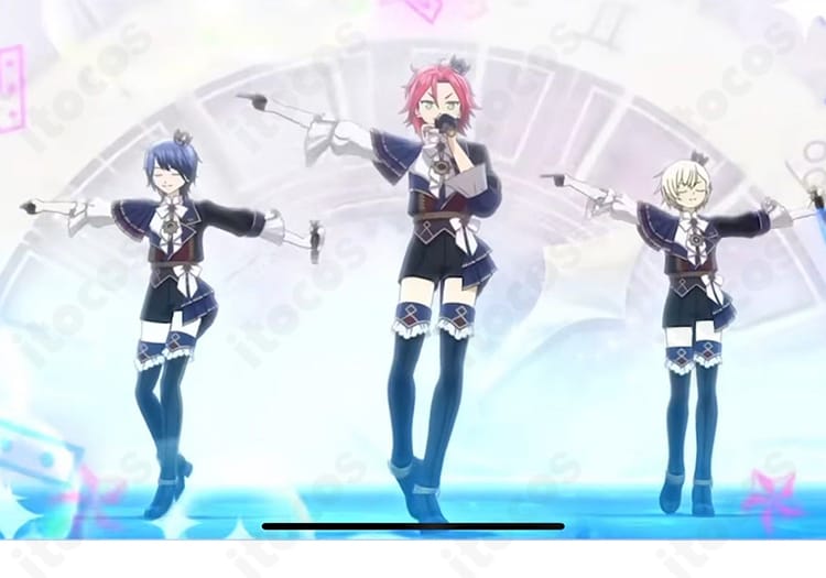 アイドルタイムプリパラの夢川ショウゴ＆高瀬コヨイをイメージしたフルコーデ全身。シャープな配色とスカーフが映えるステージ風コスプレ衣装。