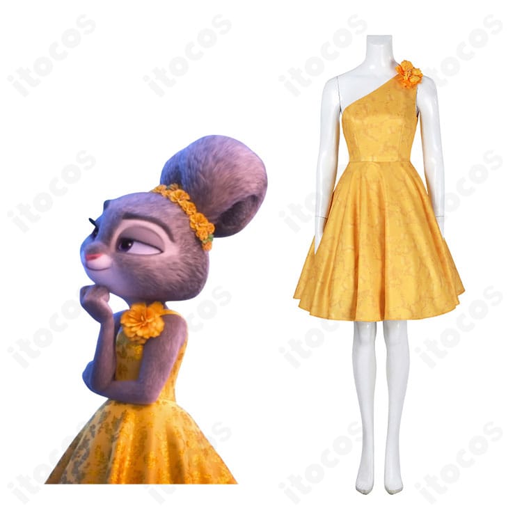商品全体とジュディ・ホップスのイメージを併記した花柄ワンピースのコスプレ衣装セット画像