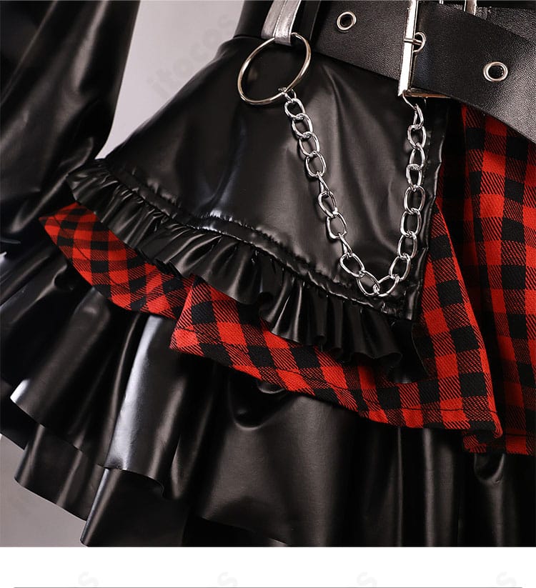 エヴァンゲリオン アスカ ロックバンド風衣装のプリーツスカート装飾ディテール。生地の落ち感とプリーツの見え方