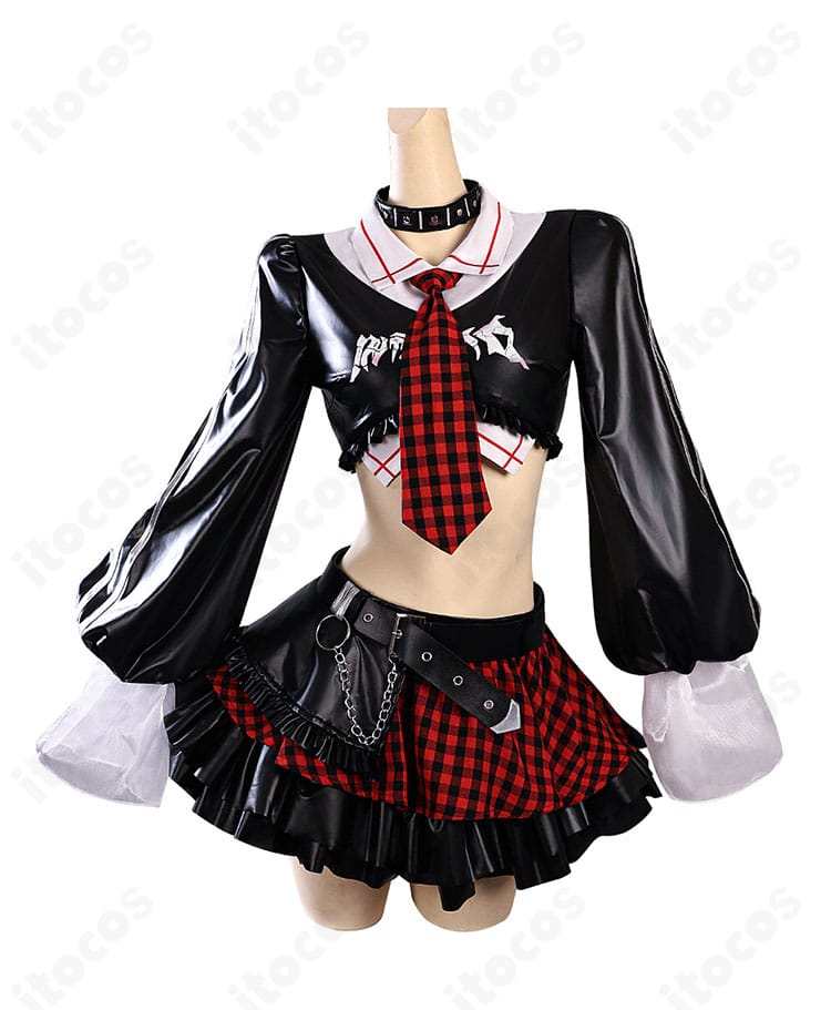 エヴァンゲリオン アスカ ロックバンド風コスプレ衣装の正面全体図。赤チェックネクタイとプリーツスカートが特徴