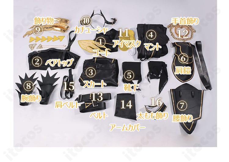無期迷途 シニックス コスプレ衣装のセット内容展示。コートやマント、小物を含むフルセット一覧