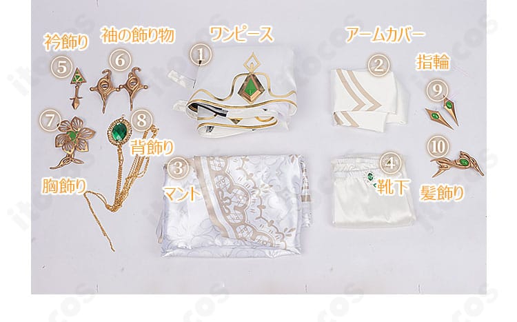 無期迷途 ヒパティア衣装 セット内容展示。ワンピースとマントを中心に豪華一式を配置した画像