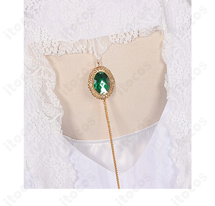 無期迷途 ヒパティア衣装 背面グリーン宝石のアップ。高級感のあるアクセントパーツ