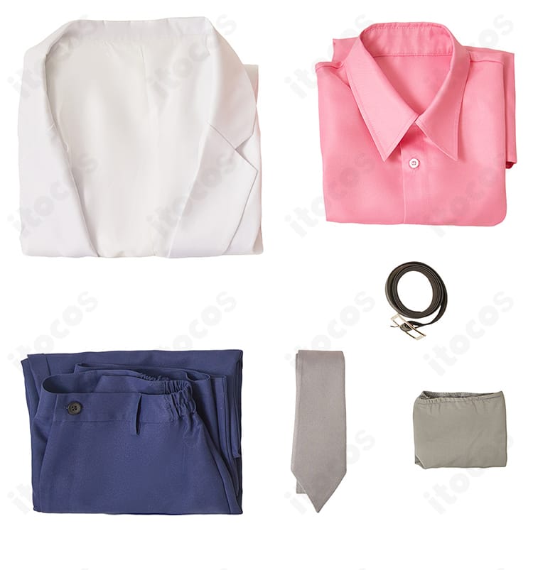 銀魂 坂田銀時 教師制服コスプレ フルセット内容一式。コート・シャツ・ズボン・ネクタイ・ベルト・靴下が揃う使いやすい構成。