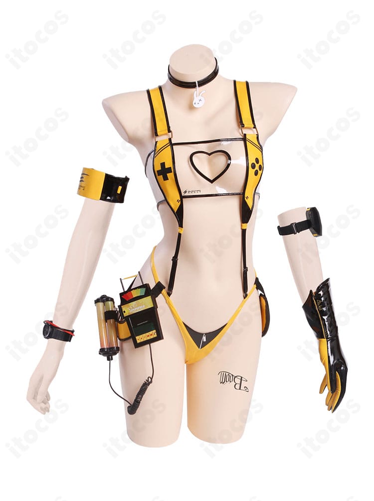 エレグ コスプレ衣装の正面細部アップ。レオタードの質感と胸元〜ウエストのライン、配色デザインを忠実に再現