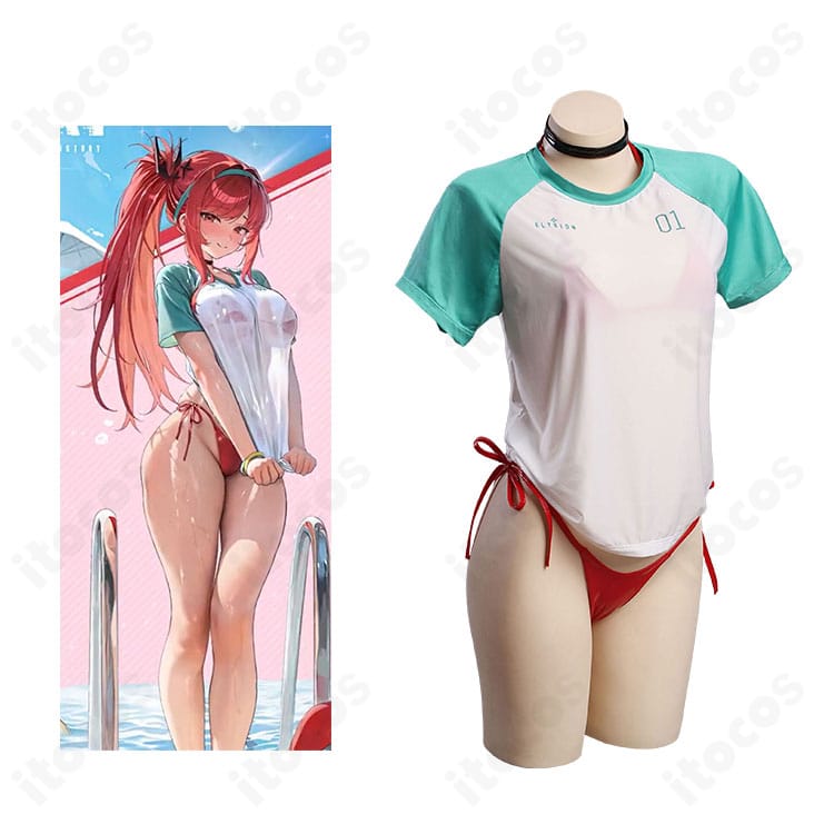 勝利の女神：NIKKE ラピ：レッドフード『レッドフレーバー』水着コスプレ衣装一式の全体図と着用イメージ