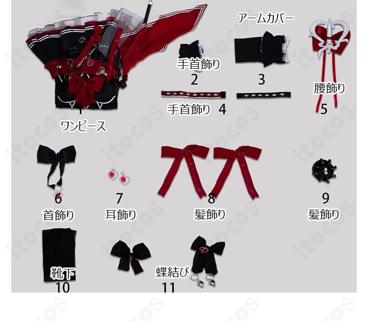 セット内容一式の平置き画像。ワンピース、小物、靴下、蝶結びを含むフルセット。