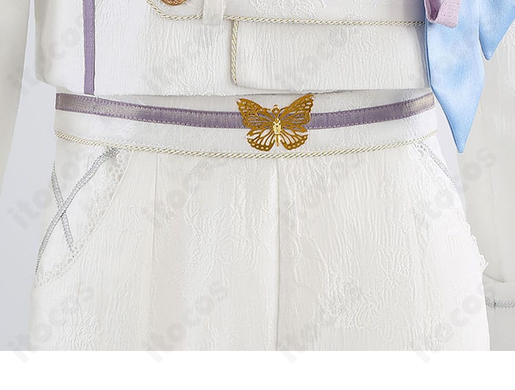 神代類衣装の蝶モチーフ腰飾り。動きに合わせて揺れ、アクセントとして目を引く設計。