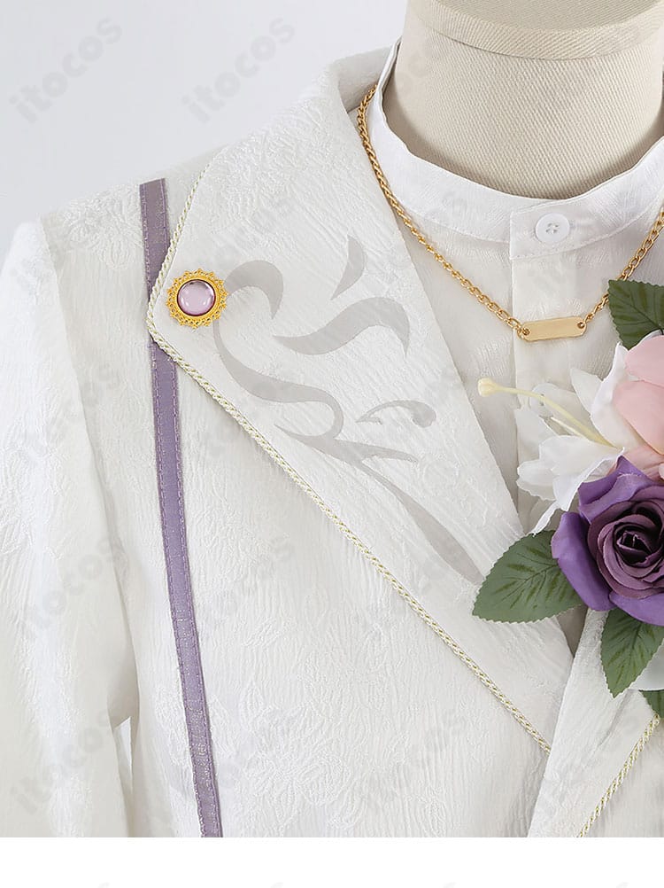 神代類衣装の外套ラペル模様装飾。舞台映えする柄表現で世界観を強調。