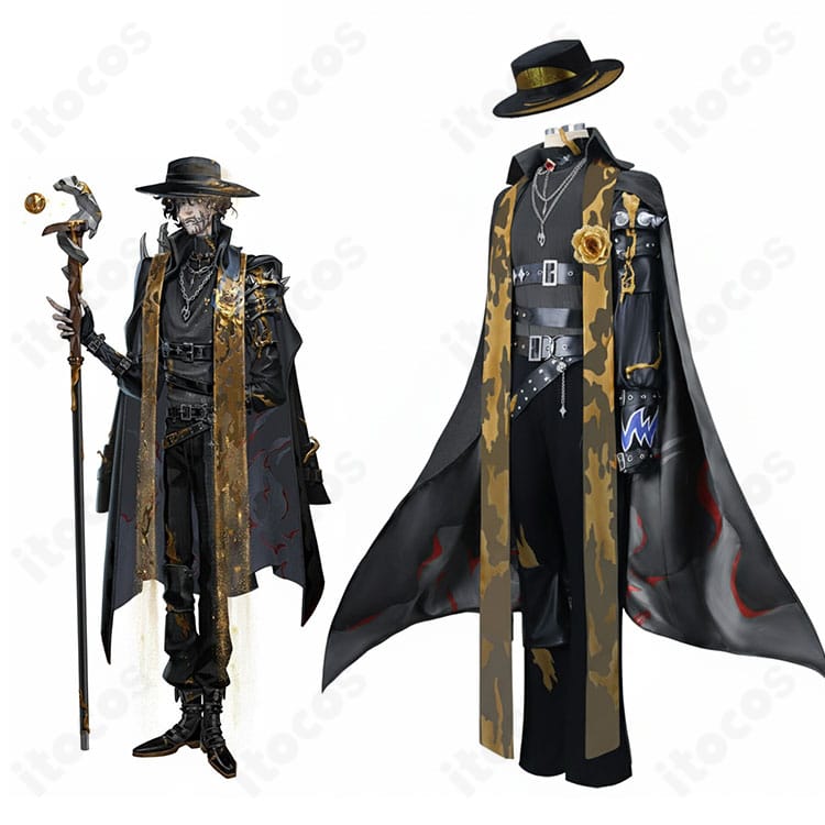 IdentityV 第五人格 隠者（アルヴァ・ロレンツ）金箔コスプレ衣装の全身。コートと装飾一式を着用したフルイメージ