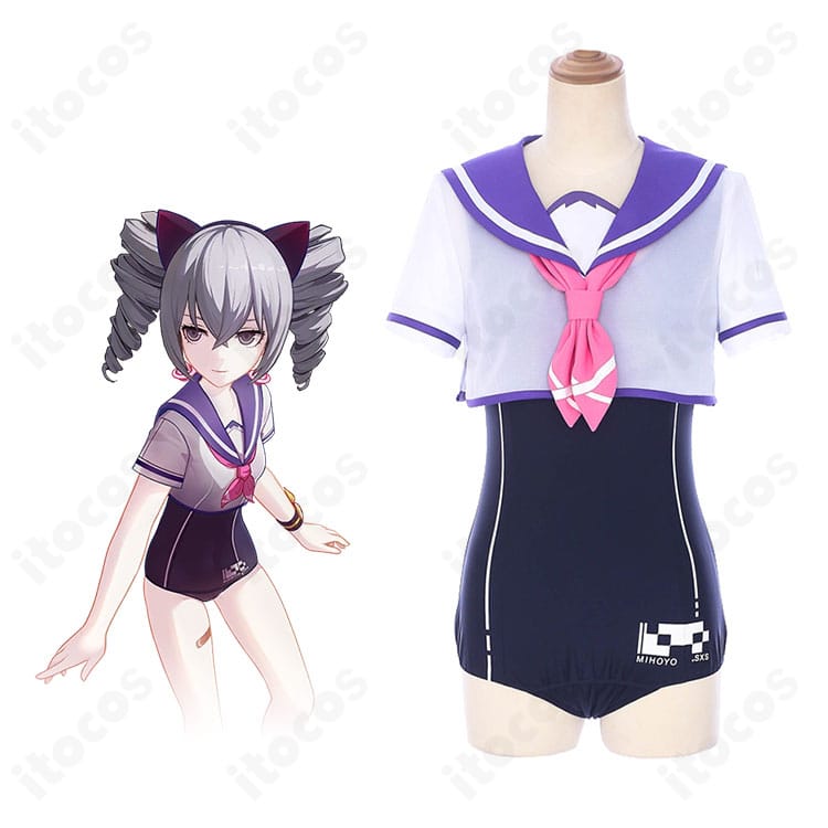 崩壊3rd ブローニャ・ザイチクのスクール水着コスプレ一式を着用した全身図。学園水着スタイルと装飾まで高再現。