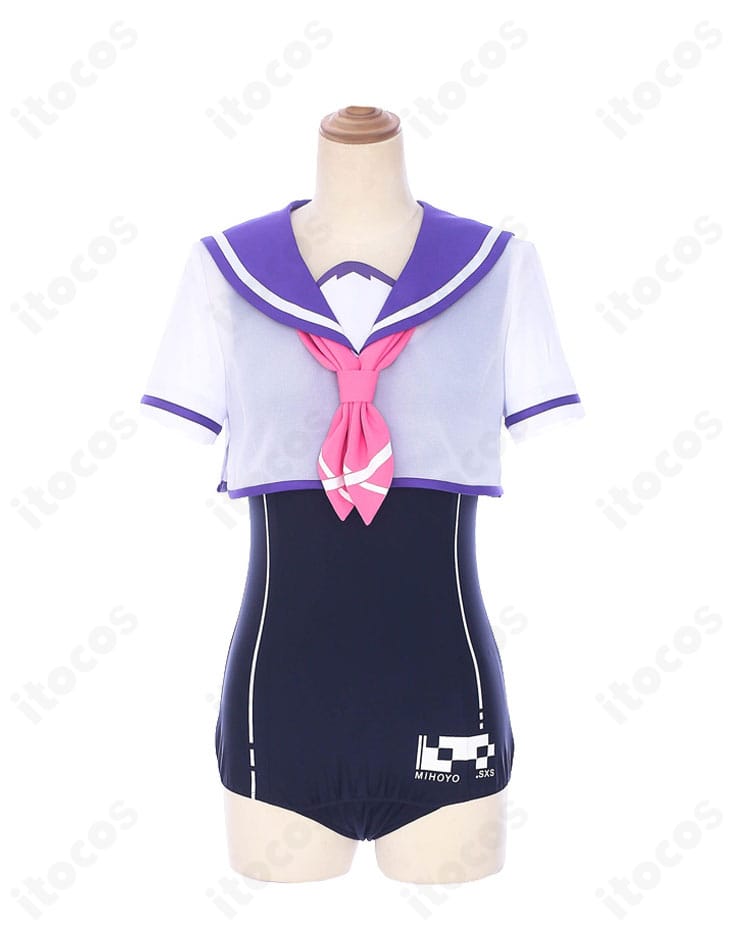 崩壊3rd ブローニャ・ザイチク スクール水着の正面全身。清楚でクールな配色とネクタイが映えるコーデ。