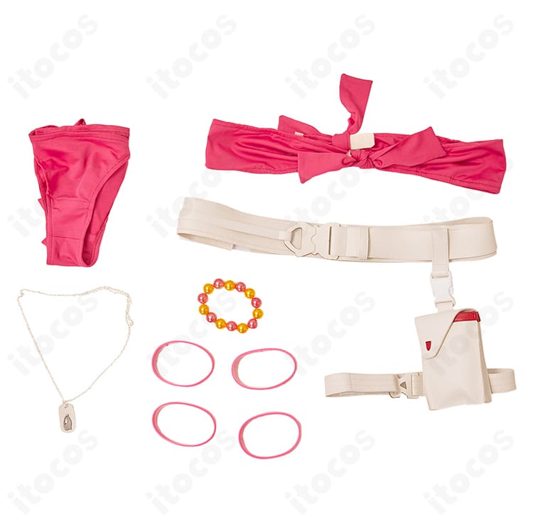 ストリートファイター6 キャミィ水着コスプレ セット内容一式。トップス・ショーツ・ベルト・太もも飾り・手首飾り・ネックレス