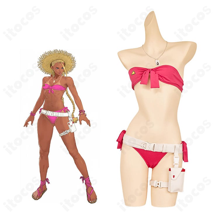 ストリートファイター6のキャミィ・ホワイト水着コスプレ衣装を着用した全身イメージとキャラクター再現図