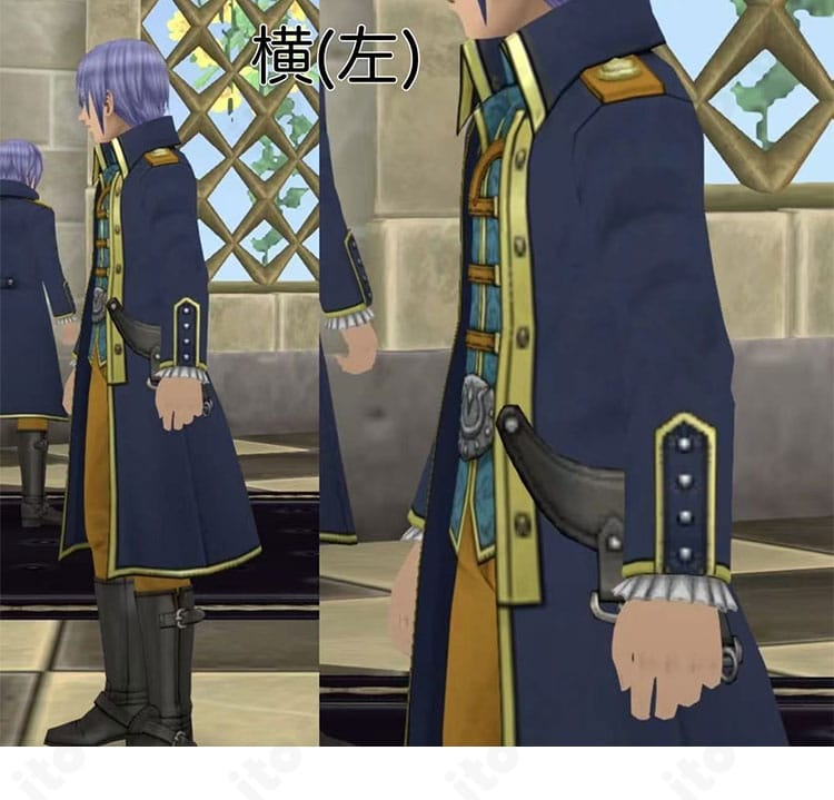 ドラゴンクエストトレジャーズ クオード像コスプレ衣装の左側ビュー。コートのシルエットとサイドラインを確認できるオーダーメイド仕立て