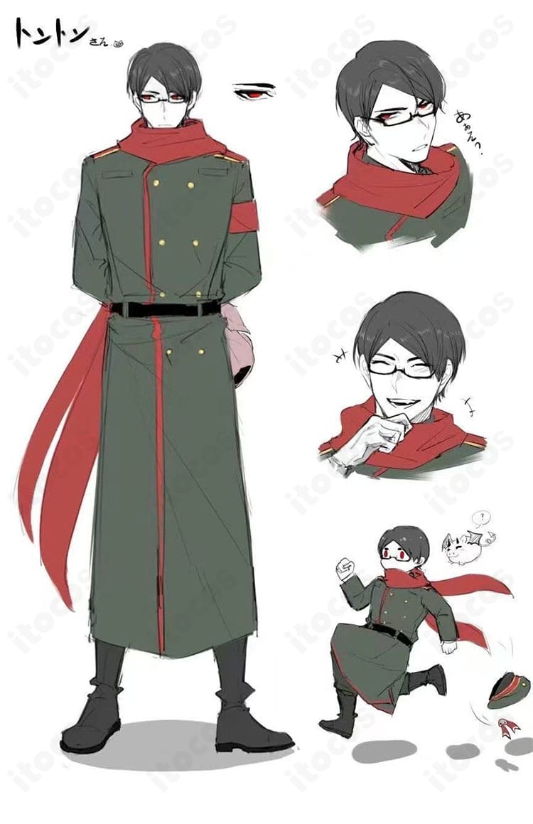 トントン 通常衣装コスプレの正面ディテール。コート・ベルト・マフラーの質感と配色を高再現し、イベントや撮影で映える設計。