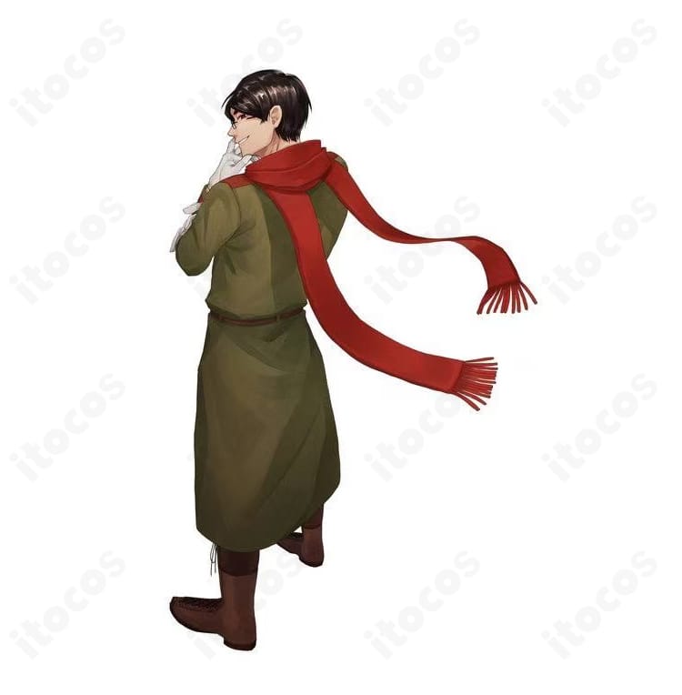 トントン 通常衣装コスプレの側面〜背面ディテール。コートのシルエットとベルト位置、マフラーの掛け方まで忠実に再現。