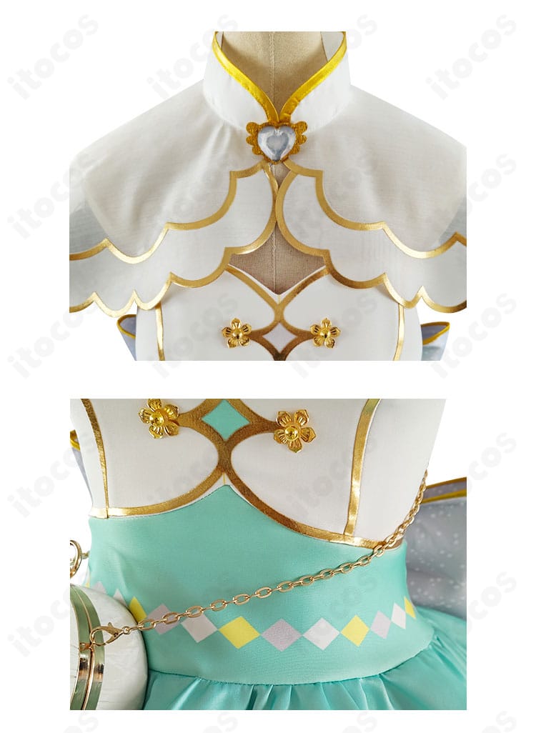 南ことり お化粧の魔法編 コスチュームの襟元ディテールと腰飾りの接写。縁取りや装飾の質感が分かる一枚