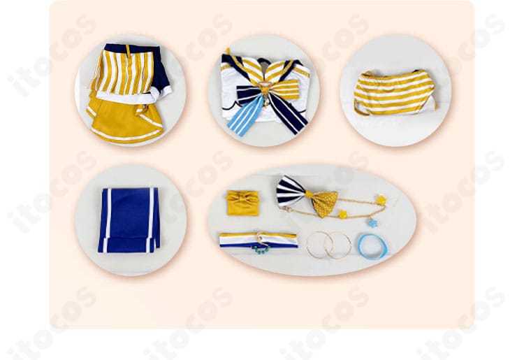 ホロライブ アーニャ・メルフィッサ水着コス セット内容一式。トップス・ショートパンツ・腰飾り・手首飾り・太もも飾りを同梱。