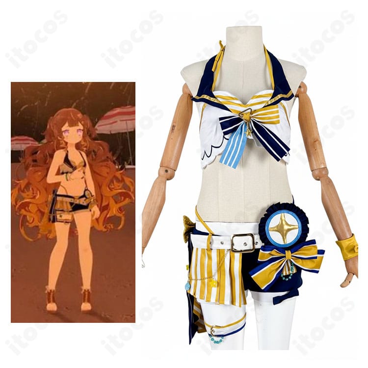 ホロライブ アーニャ・メルフィッサ水着衣装と公式ビジュアルの比較。配色とリボン・腰飾りの再現度が高くイベント映えする構成。