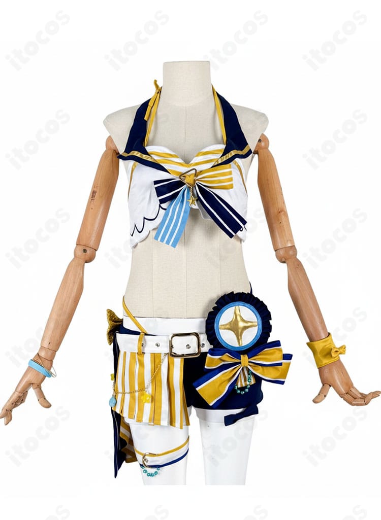 ホロライブ アーニャ・メルフィッサ水着コス 正面全体。高発色ストレッチ生地と整った縫製で、胸元リボンとトップスラインが美しく見える。