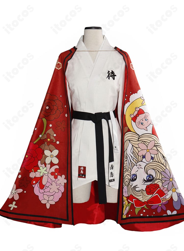 正面ディテールの接写。襟元のライン、装飾ボタン、プリント位置関係がわかる凶鳥狂死香 私服コスプレ衣装。