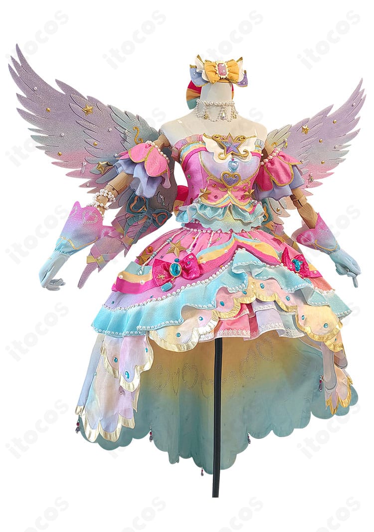 アイカツスターズ！レインボーエトワールコーデ コスプレ衣装の正面ディテール。胸元ハートとウエスト装飾、高発色生地の質感を強調