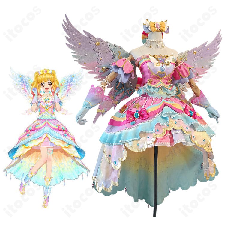 アイカツスターズ！虹野ゆめ レインボーエトワール衣装と公式ビジュアルの比較図。色味・装飾の再現度が一目で分かる解説画像
