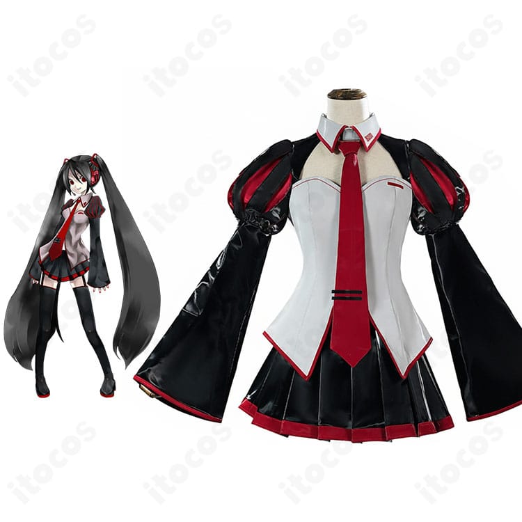 雑音ミクの公式ビジュアルとITOCOS製コスプレ衣装の比較画像。黒×赤の配色とシルエットの再現度を示す説明カット。
