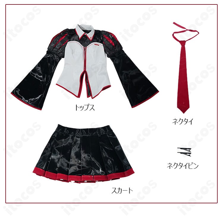 雑音ミク コスプレ衣装 フルセット内容。トップス・スカート・ネクタイ・ネクタイピンを並べた構成写真。