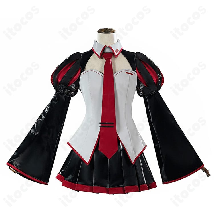 雑音ミク コスプレ衣装 正面ディテール。トップスのラインとネクタイの差し色、Aラインスカートのバランスがわかる写真。