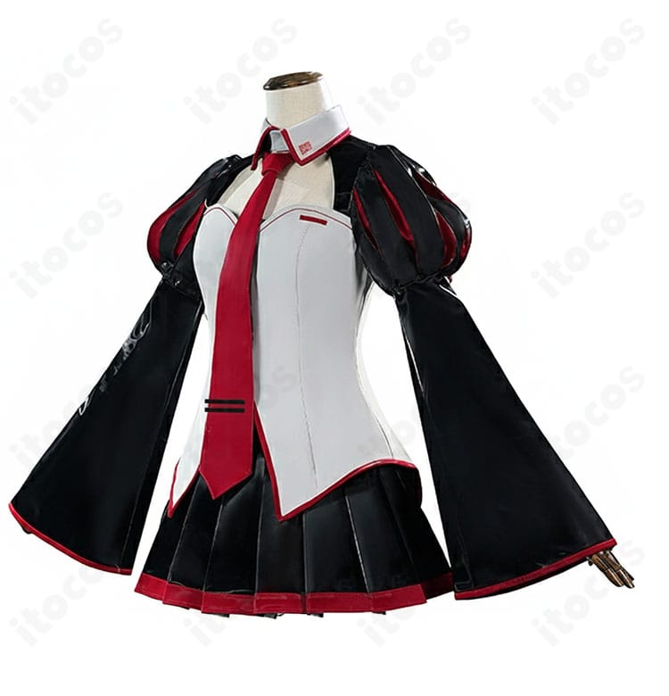 雑音ミク コスプレ衣装 側面ディテール。ウエストのフィット感とスカートの広がり、袖のラインを確認できる画像。