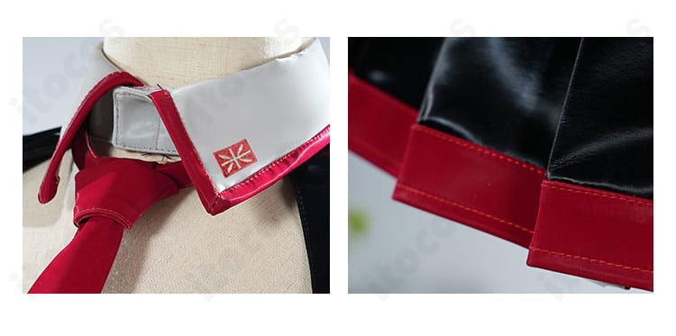 雑音ミク コスプレ衣装 襟とスカートのアップ。襟元の形状とステッチ、スカートの質感と発色を示す接写。