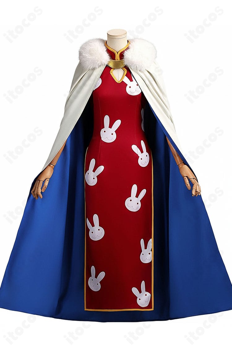 神楽コスプレ衣装の正面ディテール。襟元やパイピング、ウサギ柄の配置が見えるチャイナドレスの近接。