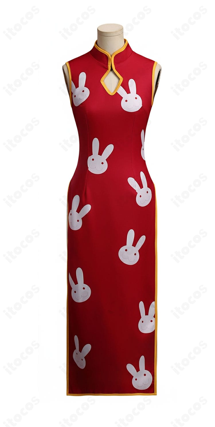 神楽コスプレ衣装の正面装飾アップ。ウサギ柄モチーフと生地の質感、縫製の細部を強調。