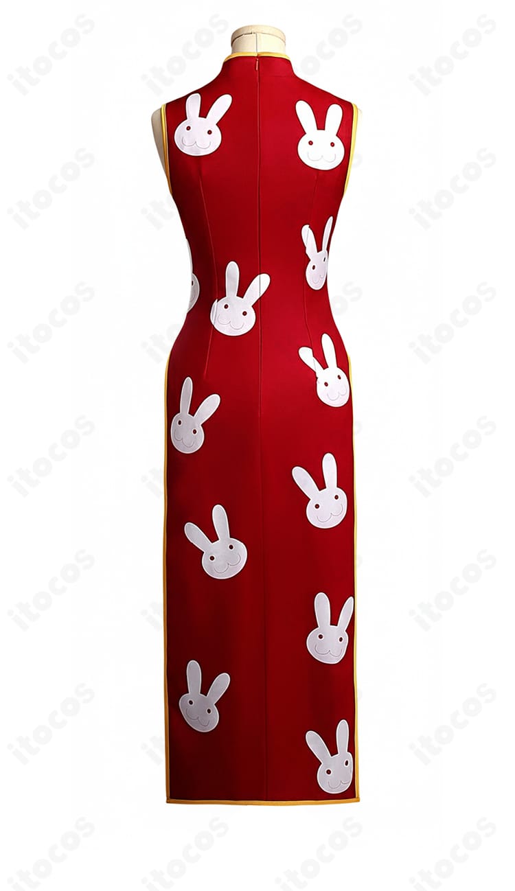 神楽コスプレ衣装の背面装飾アップ。背中部分のウサギ柄と装飾ステッチの質感をクローズアップ。