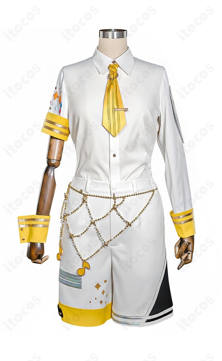 鏡音レン衣装のシャツとパンツの細部。ボタン配置とステッチワークの質感が伝わる写真