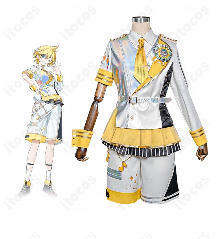 商品全体と鏡音レンの全身イメージを並置した、5th Anniversary 感謝祭コスプレ衣装のフルセット写真