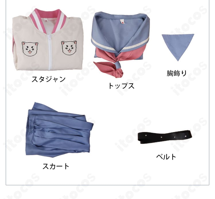 セット内容の一式展示。スタジャン、トップス、スカート、ベルト、胸飾りが揃ったフルセット。