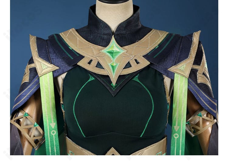 原神 ネフェル コスプレの衣襟装飾ディテール。縁取りと装飾パーツの質感を詳細表示